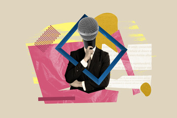 Template mockup collage image of political government worker with mic face give interview for press media