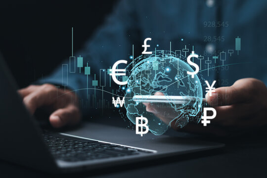 Online banking interbank payment concept. Businessman use smartphone with virtual global currency symbols for money transfers and currency exchanges between countries of the world. - Powered by Adobe