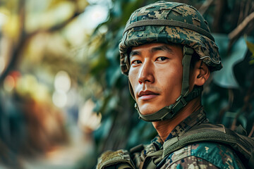 Portrait of an Asian military man - obrazy, fototapety, plakaty
