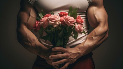 A man with muscles without clothes with a bouquet of flowers on women's day.