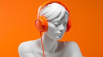 A sculpture of a fashionable woman wearing headphones in a minimalistic design. The concept of...