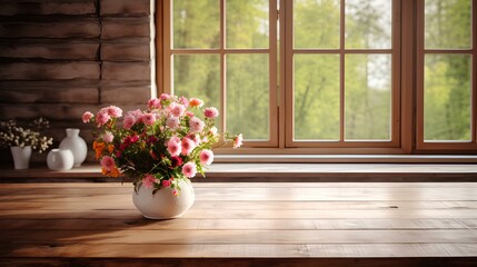 A wooden kitchen table with a bouquet of delicate spring flowers on the background of large windows overlooking the courtyard.