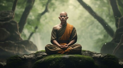 A Tibetan monk meditates in a green forest. - obrazy, fototapety, plakaty