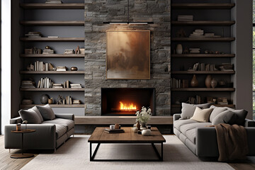 3d rendered Minimal style Modern living room interior design with sofa and fireplace