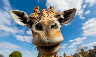 Close-up of a giraffe's face against a blue sky, showcasing its unique patterns and gentle eyes