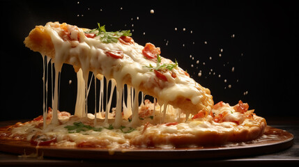 A slice of pizza in cheese, stretching cheese, generative AI