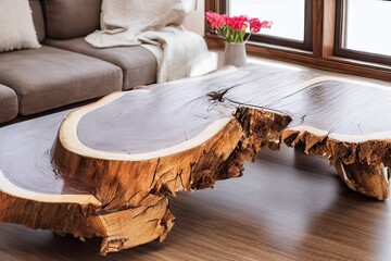 Fototapeta na wymiar Expensive vintage furniture. Luxury quality wood processing. Exclusive coffee table made of solid wood. Tabletop with live edge and natural cracks.