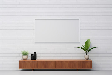 3d rendered Empty plasma tv white room with a wooden table and plants minimal with copy space