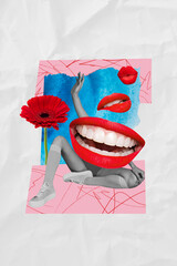 Collage artwork sketch of a charming attractive female with alluring lips with healthy white smile...