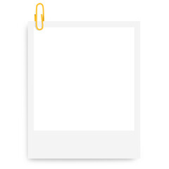 white Polaroid photo frame with a yellow paper clip on a blank background. - obrazy, fototapety, plakaty