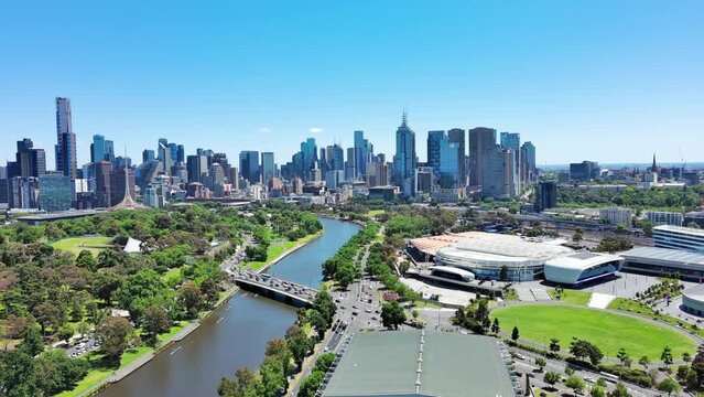 Melbourne, Australia: Aerial view of skyscraper skyline of Melbourne central business district (CBD) in capital city of Australian state of Victoria, sunny day with clear blue sky