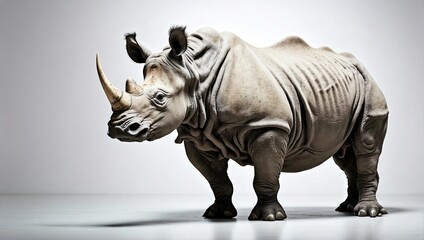 Obraz premium A powerful rhinoceros with two prominent horns stands in a minimalist studio setting, highlighting its massive body and textured skin.