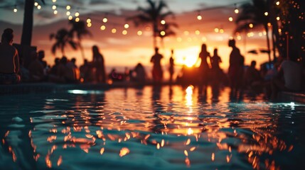 blurred view of people reveling in the festivities at a beach party by swimming pool - obrazy, fototapety, plakaty