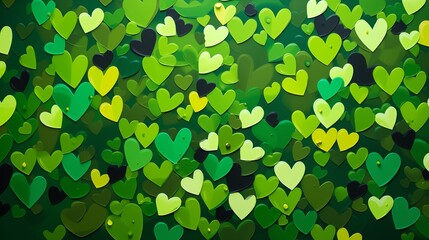 Vibrant Green Canvas Adorned with Paper Hearts for Valentine's Day