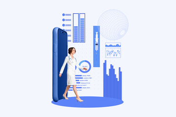 Collage picture illustration beautiful happy young women miniature doc gigantic smartphone injection antibody information picture sketch