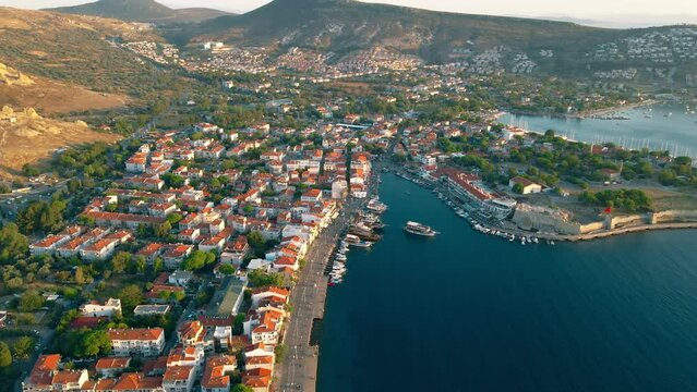 Lagoon with boats in Foca resort town in Turkey on Aegean sea coast. Aerial view