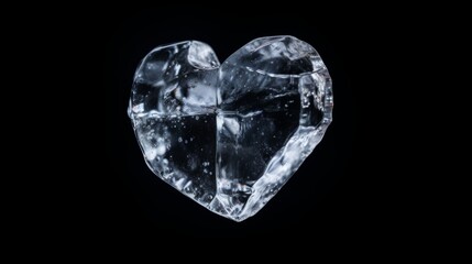 Ice cube in the shape of a heart. Frozen water crystals on a black background. Icy love.