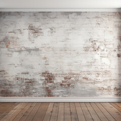 Fotografia con detalle de estancia con suelo de madera y pared de ladrillo antiguo con vetas blancas - obrazy, fototapety, plakaty