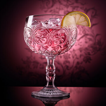 Fotografia con detalle y textura de copa de cristal de lujo con ginebra de tonos rosados, rodaja de citrico, sobre fondo de tonos oscuros
