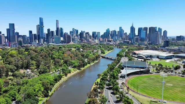 Melbourne, Australia: Aerial view of skyscraper skyline of Melbourne central business district (CBD) in capital city of Australian state of Victoria, sunny day with clear blue sky