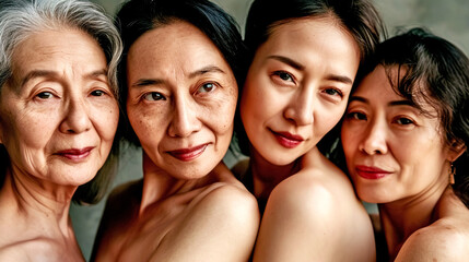 Obraz premium Group of Mature Asian Women in a Spa Salon. Mature Ladies Show of Their Perfect Skin. Health and Skin Care Concept.