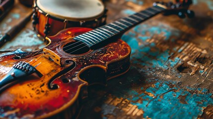 an old violin and a drum resting on a vibrant, textured surface. Both instruments show signs of wear, evoking a sense of history and music.
