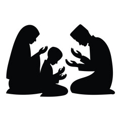 A silhouettes of muslim family raising their hands in prayer, vector illustration, isolated on white background.