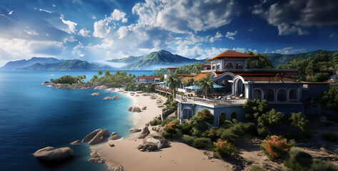 view of the sea, resort on the beach with a red roof