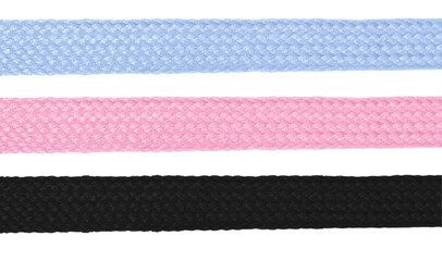 Pink, blue and black shoelaces on a blank background.