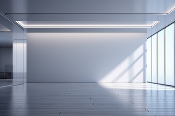 Obraz premium 3d rendered Modern Hall Interior Background Empty room with a huge window. minimal with copy space