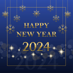 Fototapeta na wymiar New year 2024 blue gradient banner for social media with gold snowflakes, glowing stars and bokeh light on the background