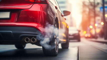 L'arrière d'une voiture rouge émettant de la fumée par son pot d'échappement sur une route. - obrazy, fototapety, plakaty