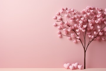 Fototapeta na wymiar Tree with paper pink hearts. Valentine's Day banner, wedding invitation, card