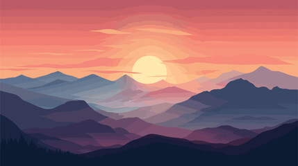 Fototapeta premium digital illustration mountain landscape with sunset background. Vector illustration 