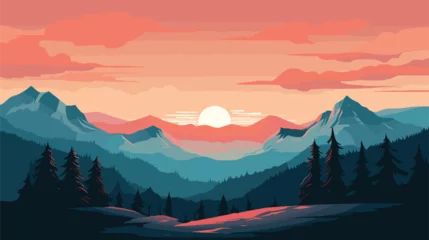 Fotobehang  digital illustration mountain landscape with sunset background. Vector illustration  © J.V.G. Ransika
