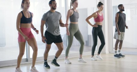 Group, lunges or people in gym for fitness workout, cardio exercise or healthy wellness in aerobics class. Diversity, teamwork and sports athletes in club for training legs with endurance or energy - Powered by Adobe