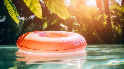 Une bouée dans une piscine avec du soleil et des palmiers en arrière plan. - obrazy, fototapety, plakaty