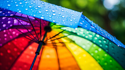 Un parapluie arc-en-ciel couvert de gouttes d'eau. - obrazy, fototapety, plakaty