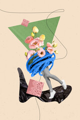 Creative photo collage illustration headless lady pink roses instead of head wrapped rope her body...