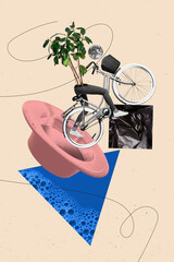 Vertical collage of headless human riding bicycle eco friendly concept recycle plastic stop ocean pollution isolated on beige background