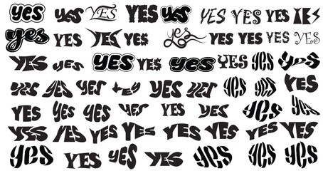 Cute Yes word cartoon vector patches collection. Stickers, badges, prints with quotes, doodles and lettering. yes,. Flat style inspirational illustration. Funny speach bubbles,90s retro style.