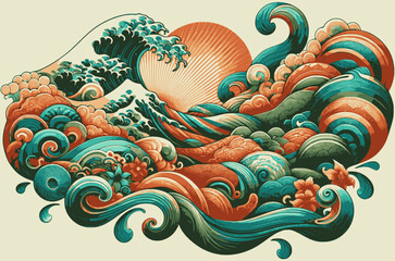 Asian waves and tropical flowers, banner for Asian American and Pacific Islander Heritage Month (APAHM) or AAPI in may	