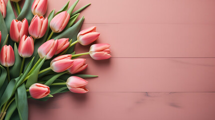 peach background with a bouquet of  tulips, free space for text
