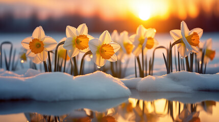 daffodil flowers in a snowy meadow at sunset, spring background