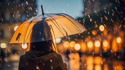 Une femme tenant un parapluie transparent sous la pluie en ville. - obrazy, fototapety, plakaty
