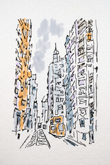 City sketch created with liner and markers. Color illustration on watercolor paper - 697205767