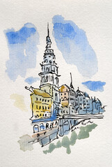 City sketch created with liner and watercolor. Color illustration on watercolor paper - 697205782