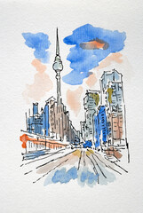 City sketch created with liner and watercolor. Color illustration on watercolor paper - 697205794