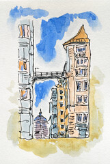 City sketch created with liner, watercolor and markers. Color illustration on watercolor paper