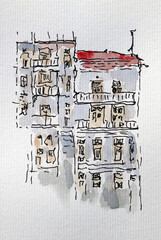 City sketch created with liner and watercolor. Color illustration on watercolor paper